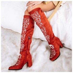 Kala Vella Rust Red Embroidered Suede Knee-High Heeled Boots